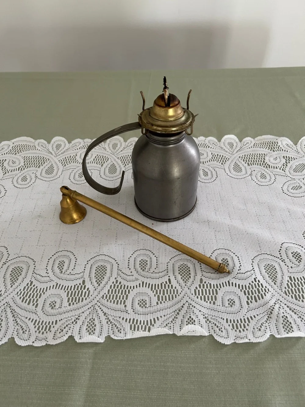 Vintage Oil Lamp with Long Handle Silver/Brass H 6.5 in Diameter 3.5 in